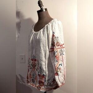 Johnny Was Long Sleeve White Embroidered Top